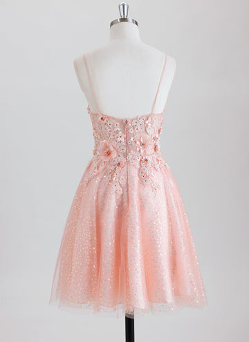 A-line Spaghetti Straps Short Tulle Homecoming Dress With 3D Floral